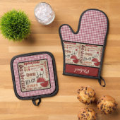 Barbecue Chef Red Gingham Check gepersonaliseerd Ovenwant & Pannenlap Set (Top down)