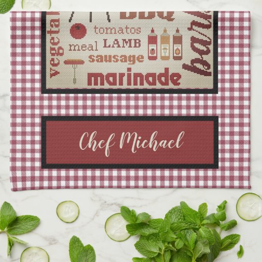 Barbecue Chef Red Gingham Check gepersonaliseerd Theedoek (Gevouwen)