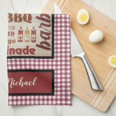 Barbecue Chef Red Gingham Check gepersonaliseerd Theedoek (Quarter Fold)