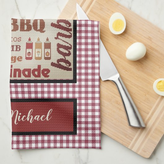 Barbecue Chef Red Gingham Check gepersonaliseerd Theedoek (Quarter Fold)
