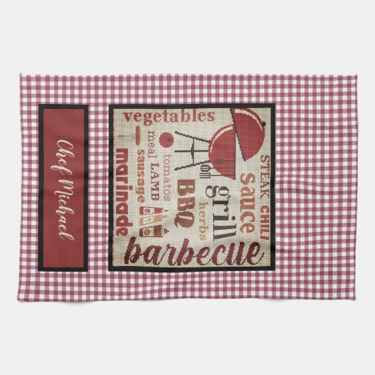Barbecue Chef Red Gingham Check gepersonaliseerd Theedoek (Horizontaal)