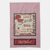 Barbecue Chef Red Gingham Check gepersonaliseerd Theedoek (Verticaal)