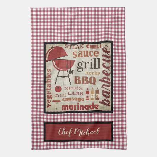 Barbecue Chef Red Gingham Check gepersonaliseerd Theedoek (Verticaal)