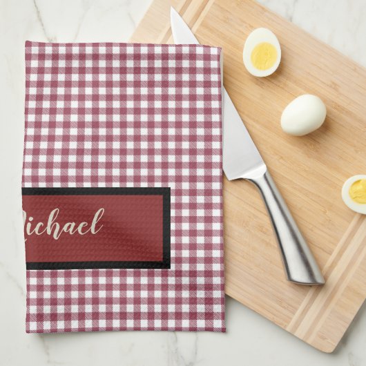 Barbecue Chef Red Gingham Check gepersonaliseerd Theedoek (Quarter Fold)