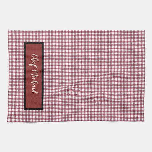 Barbecue Chef Red Gingham Check gepersonaliseerd Theedoek (Horizontaal)