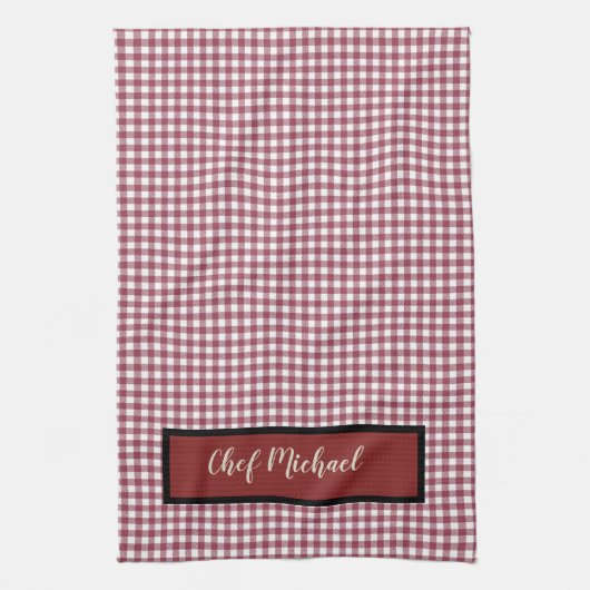 Barbecue Chef Red Gingham Check gepersonaliseerd Theedoek (Verticaal)