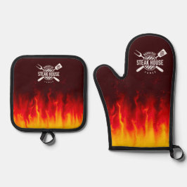 Barbecue Grill Flames — Personalized Steak House Ovenwant & Pannenlap Set