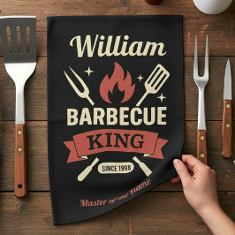 Barbecue King Kitchen Towel with Custom Name Theedoek