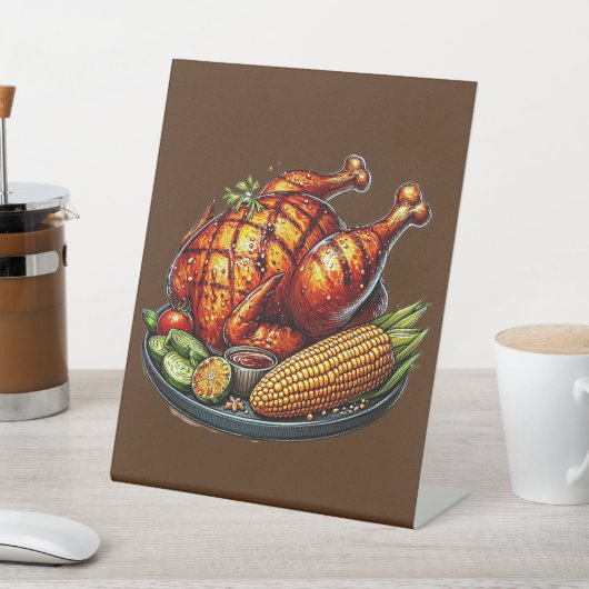 Barbecue kip met maïs illustratie reclamebord met voetstuk (Insitu)