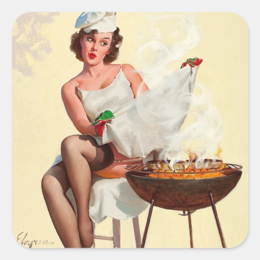 Barbecue Pin-Up Girl Vierkante Sticker (Voorkant)