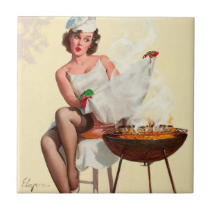 Barbecue Pin-Up Meisje Tegeltje