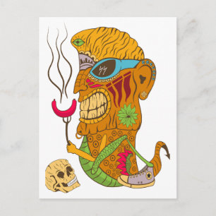 Barbecue Tiki Monster met worst en menselijke sche Briefkaart