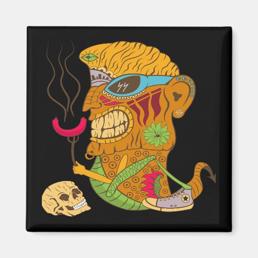 Barbecue Tiki Monster met worst en menselijke sche Magneet (Voorkant)