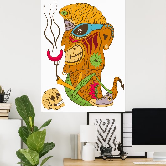 Barbecue Tiki Monster met worst en menselijke sche Poster (Thuiskantoor)