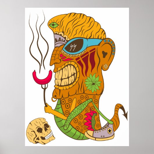 Barbecue Tiki Monster met worst en menselijke sche Poster (Voorkant)