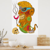 Barbecue Tiki Monster met worst en menselijke sche Poster (Keuken)