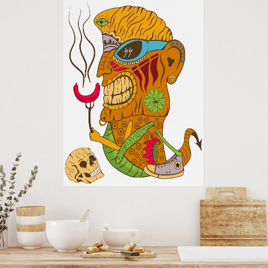 Barbecue Tiki Monster met worst en menselijke sche Poster (Keuken)