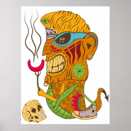 Barbecue Tiki Monster met worst en mensenschedel Poster