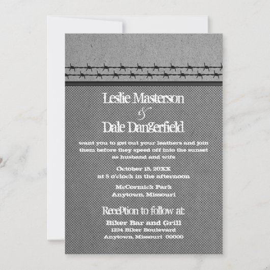 Barbed Wire Fence Biker Wedding Invite, grijs Kaart (Voorkant)