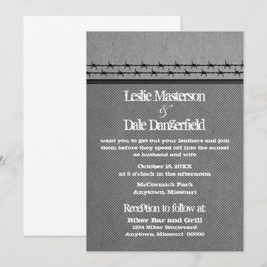 Barbed Wire Fence Biker Wedding Invite, grijs Kaart (Voorkant / Achterkant)