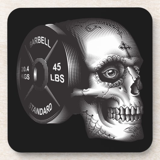 Barbell Bord en schedel - Workout Gym Motivatie Bier Onderzetter (Voorkant)