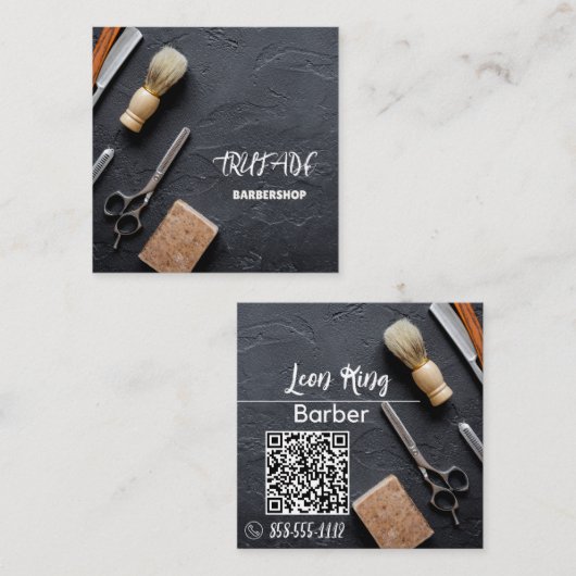 Barber Barbershop Professioneel QR Grijs Vierkante Visitekaartje (Voorkant / Achterkant)