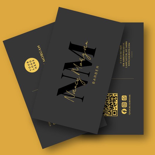 Barber Black Gold Monogram QR Code Logo Visitekaartje