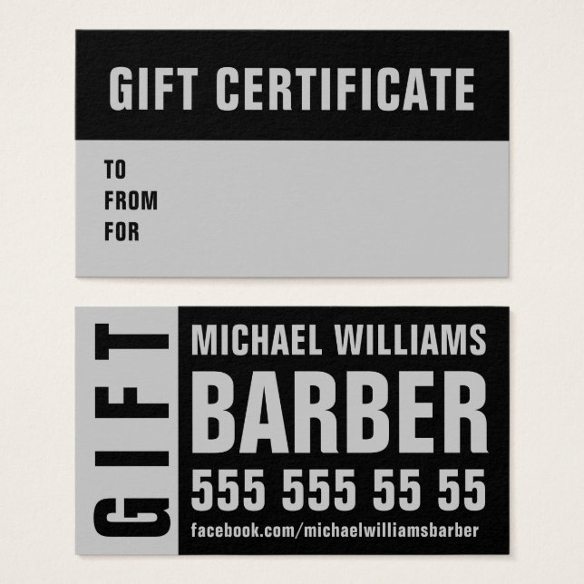 Barber Black Gray Typografie Gift Sertificate Kaar Visitekaartjes (Voorkant /achterkant)