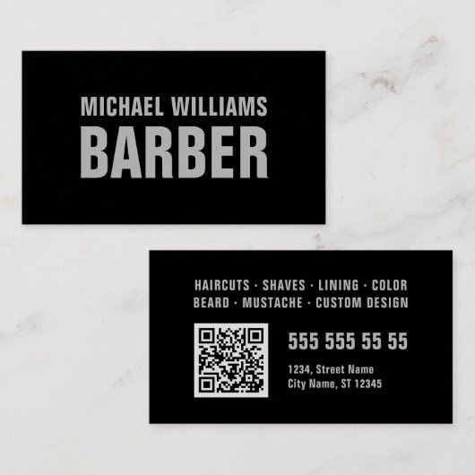 Barber Black Grey Bold Typografie QR-code Visitekaartje (Voorkant / Achterkant)
