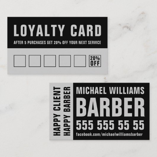 Barber Black Grey Bold Typography Loyalty Kaart (Voorkant / Achterkant)