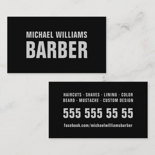 Barber Black Grey Bold Typography Visitekaartje (Voorkant / Achterkant)