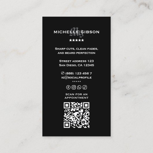 Barber Black Minimal Modern Barbershop Visitekaartje (Achterkant)