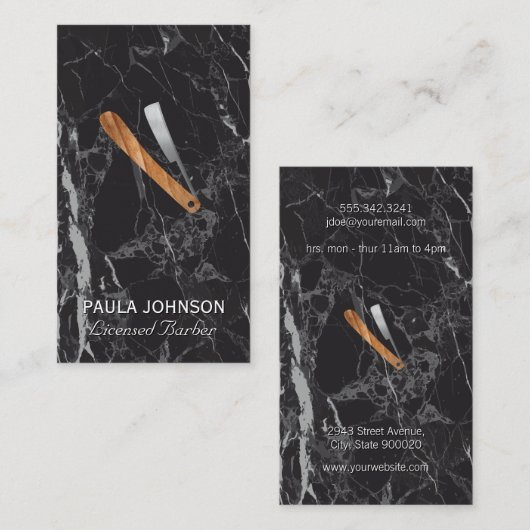Barber Blade | Zwarte marmer Visitekaartje (Voorkant / Achterkant)