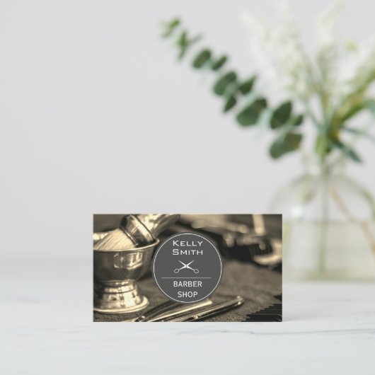 Barber Gereedschap | Hout Afwerking Visitekaartje (Staand voorkant)