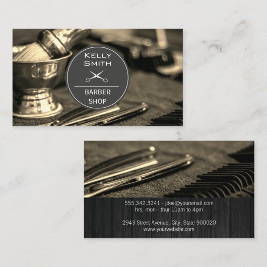 Barber Gereedschap | Hout Afwerking Visitekaartje (Voorkant / Achterkant)