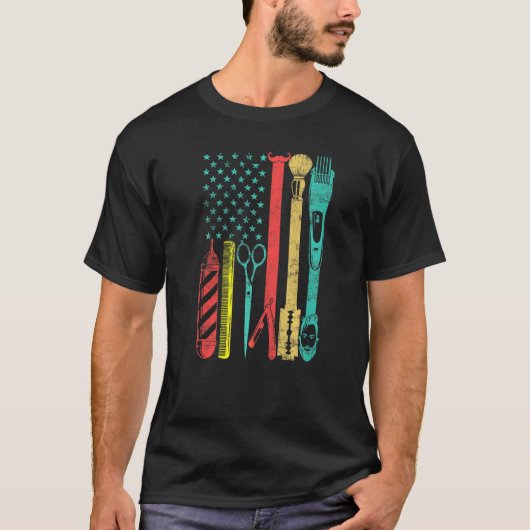 Barber Haarstylist Us Flage Retro Distress T-shirt (Voorkant)