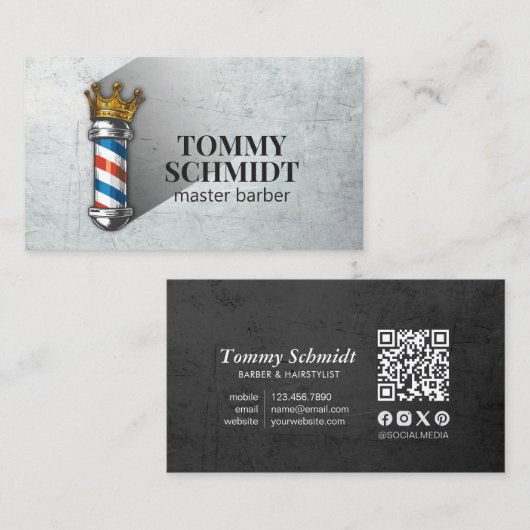 Barber Hair Shop Royal Crown Barber Pole QR-code Visitekaartje (Voorkant / Achterkant)
