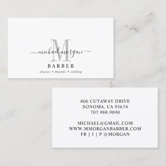 Barber Hair Stylist Modern Script Monogram Visitekaartje (Voorkant / Achterkant)