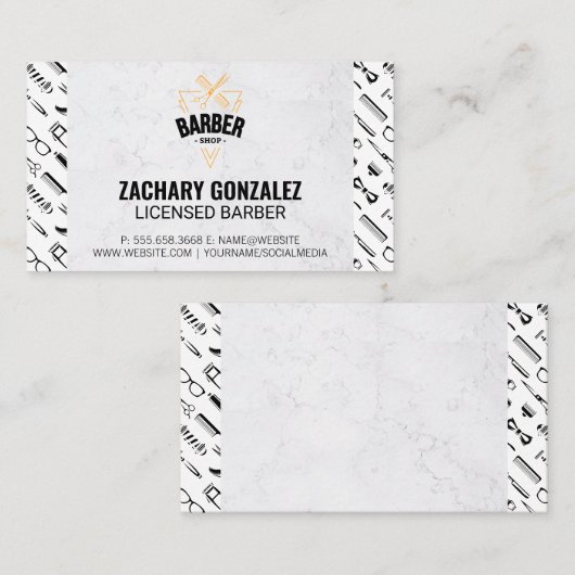 Barber Logo | Barber Gereedschap Patroon Marmer Klantenkaartje (Voorkant / Achterkant)