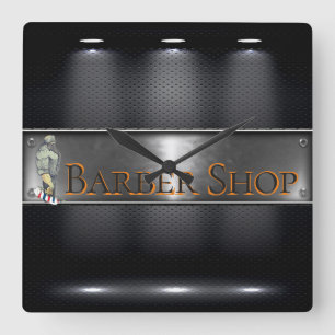 Barber Logo Black, zilver Vierkante Klok