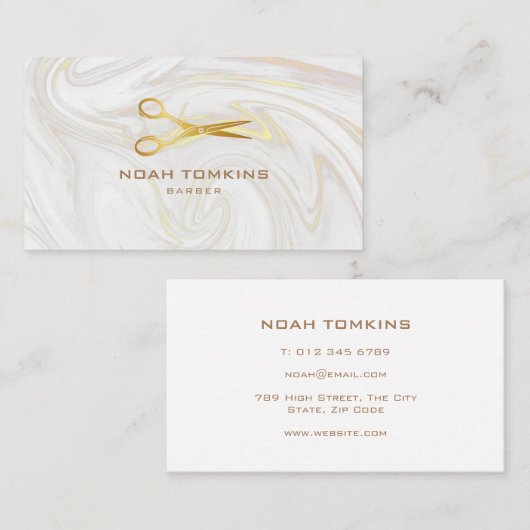 Barber Marble Swirls Gold Scissors Visitekaartje (Voorkant / Achterkant)