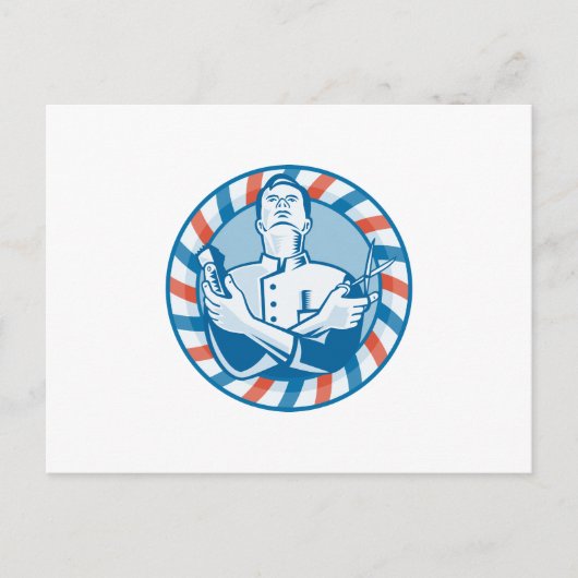 Barber met klapperhalskuis en schaar briefkaart (Voorkant)