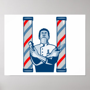 Barber met poolhaarklem en schaar retro poster