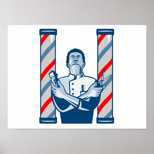 Barber met poolhaarklem en schaar retro poster (Voorkant)