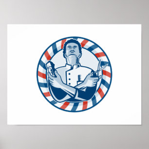 Barber met poolhaarklem en schaar retro poster