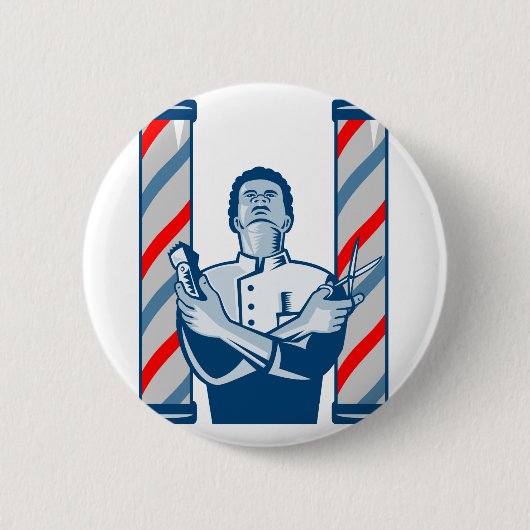 Barber met poolhaarklem en schaar retro ronde button 5,7 cm (Voorkant)