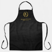 Barber naam gouden logo barber in zwart leer schort (Voorkant)