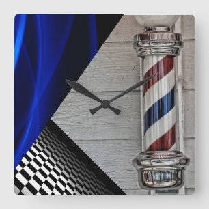Barber Pole, Black, White, Checkers, Blue Abstract Vierkante Klok