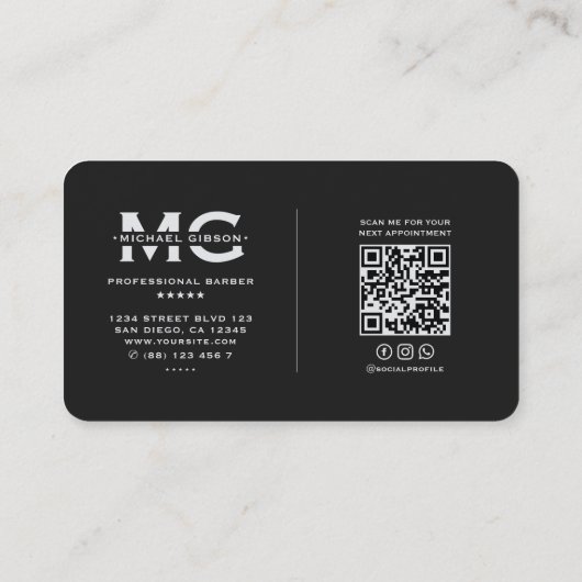 Barber Pole Elegant Zwart Zilver Barbershop Visitekaartje (Achterkant)