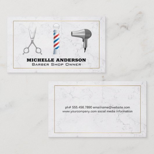 Barber Pole en Gereedschap | Marmer Visitekaartje (Voorkant / Achterkant)